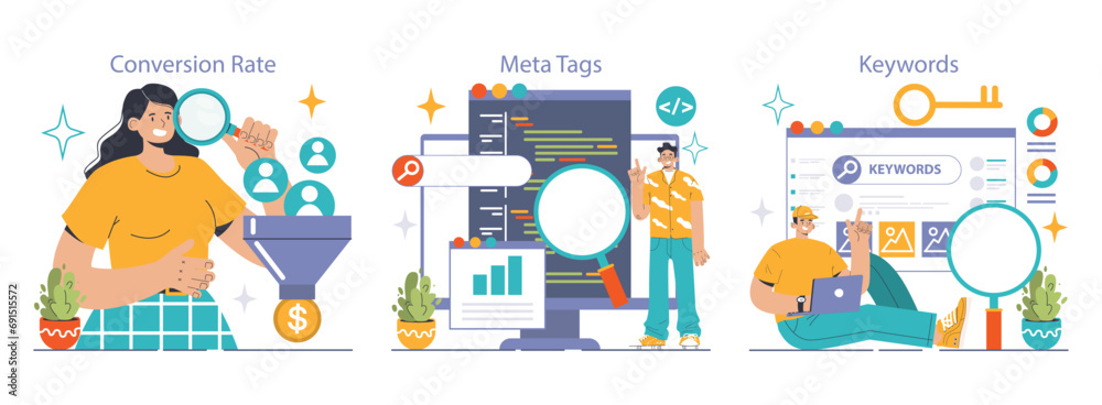 Poster website analysis set. conversion rate and traffic analysis. experts analyzing website performance. u