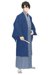 羽織と袴を着用して立っている着物男子（紺色×グレー