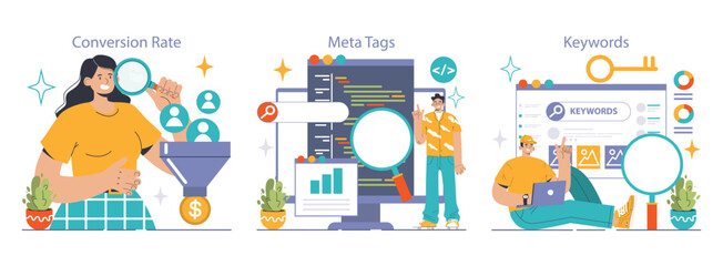 Website analysis set. Conversion rate and traffic analysis. Experts analyzing website performance. User engagement strategy. SEO optimization. Flat vector illustration