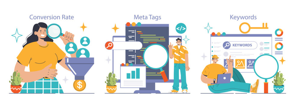 Website analysis set. Conversion rate and traffic analysis. Experts analyzing website performance. User engagement strategy. SEO optimization. Flat vector illustration