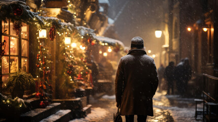 Fototapeta premium Christmas Lights Illuminate an Old Town Alley, Creating a Magical Atmosphere Amidst the Snowfall.