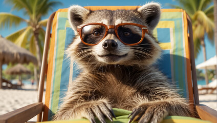 cute funny cartoon raccoon on the beach wearing sunglasses, comedian