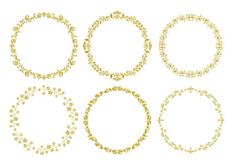 アンティークな円形フレームイラストセット（金）