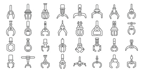 Grabber icons set outline vector. Crane claw game. Machine robotic toy - obrazy, fototapety, plakaty