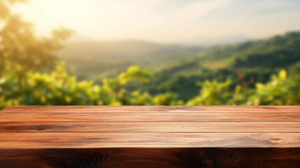 Wooden tabletop display with open nature background - ai generative