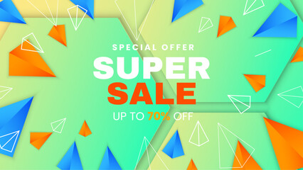 Green blue and orange vector super sale discount background offer template. Vector super sale template design. Big sales special offer. End of season party background