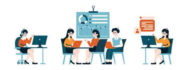 Corporate Analysis and Reporting set. Employees engaged in data interpretation and strategic planning. Utilizing technology for business intelligence and growth. Flat vector illustration