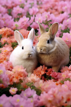 Pair of cute rabbits in a serene and ethereal meadow 