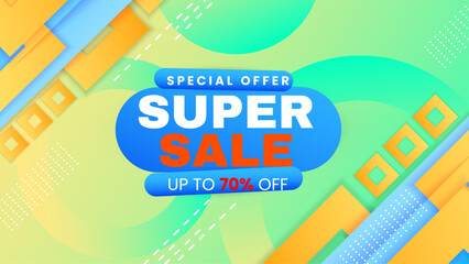 Obraz premium Green blue and orange vector super sale discount background offer template. Vector super sale template design. Big sales special offer. End of season party background