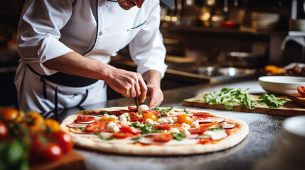 Professional chef preparing pizza in the modern kitchen restaurant