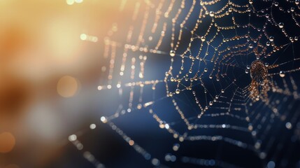 Spider web with dew drops, against a blurred background in the morning sunlight, close-up
