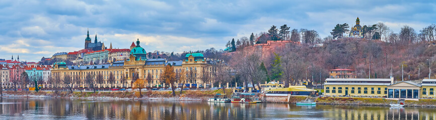 Panorama of Vltava River, Straka Academy and Letna Hill, Prague, Czechia