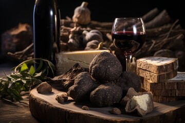 A detailed image of freshly unearthed black truffles displayed on a vintage wooden surface, accompanied by a truffle shaver and a glass of fine wine