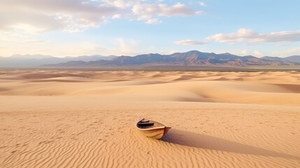 A rowing boat lies wrecked on a dune in the desert without water