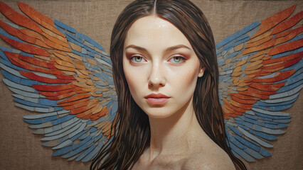 portrait of a beautiful female face - in the background a mosaic of bright colors in the shape of spread wings