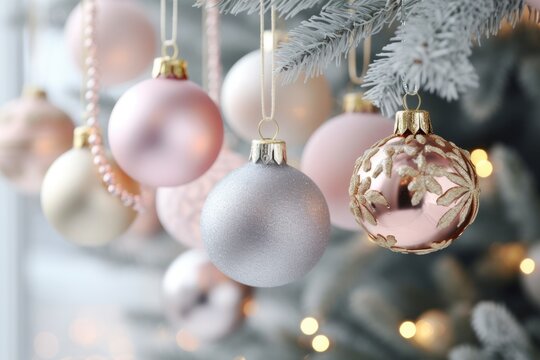 Seasonal Baubels. Premium Pastel Pink and Gold Christmas Background.