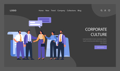 Corporate Culture concept. Colleagues engage in lively discussion, showcasing the essence of collaboration and understanding in the modern workspace. Flat vector illustration.