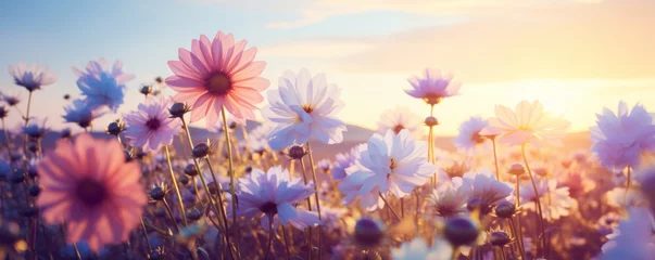 Foto op Plexiglas Purple wild flowers field and  sunset sky background banner © Natalia Klenova