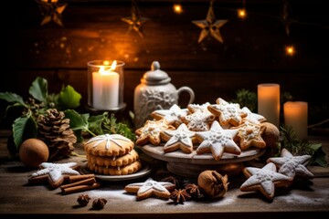 Festive German Zimtsterne Biscuits Beautifully Displayed on a Vintage Wooden Table Amidst Christmas Decorations