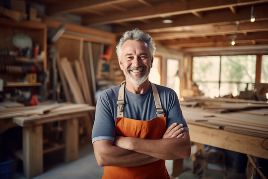 Portrait of smiling confident senior male carpenter in workshop