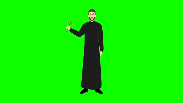 Animation of a priest on green background, religion, faith, catholic church.