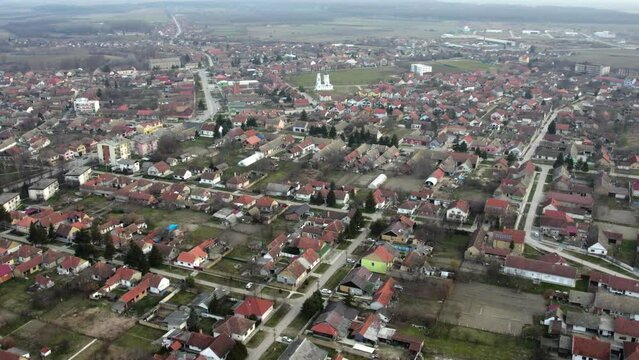 Drone flight across small town Bac in Serbia