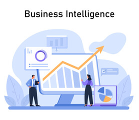 Business Intelligence concept. Analysts evaluating corporate data to enhance decision-making, with growth charts and performance metrics. Strategic data analysis. Flat vector illustration.