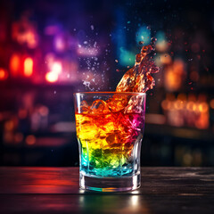 Rainbow cocktail in a glass with ice