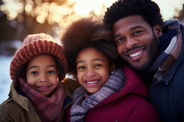 African American family outdoor, parents and kids smiling and enjoying the park