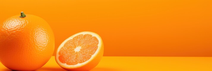 Fresh citrus fruit on orange background, wide horizontal panoramic banner with copy space, or web site header with empty area for text. - obrazy, fototapety, plakaty