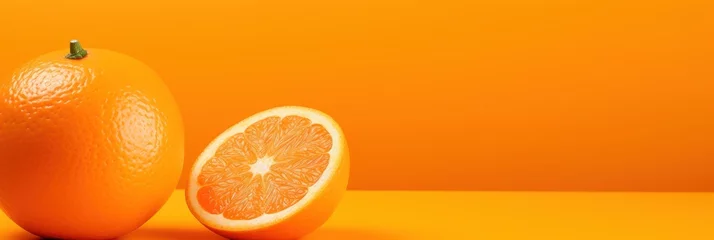Fotobehang Fresh citrus fruit on orange background, wide horizontal panoramic banner with copy space, or web site header with empty area for text. © Sunny_nsk