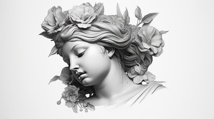 A statue of a woman with flowers in her hair