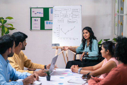 Businesswoman on wheelchair explaining from white board during team meeting at office - concept of empowerment, corporate planning and inspiration or motivation.