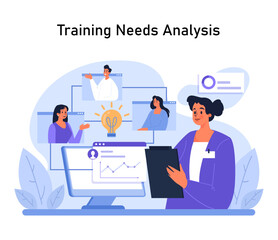 Training Needs Analysis process where a professional woman with a clipboard collaborates with team members via digital interfaces. A lightbulb indicates idea. Team-driven skill assessment. Flat vector