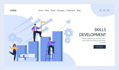 Determined professionals ascend in skills development. Amidst upward arrows and gears, they signify growth, continuous learning, and reaching for higher goals in their career journey. Flat vector.