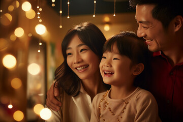 Asian family at home, parents and kids having fun in their living room, creating a joyful atmosphere - obrazy, fototapety, plakaty