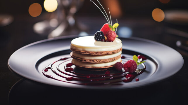 Beautifully served gourmet dessert in fine dining premium restaurant. Elegant, Sophisticated and Utterly Gourmet Dessert