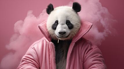 A panda in a pink jacket surrounded by pastel smoke - obrazy, fototapety, plakaty