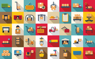 Loading of goods icons set flat vector. Delivery package box. Container equipment