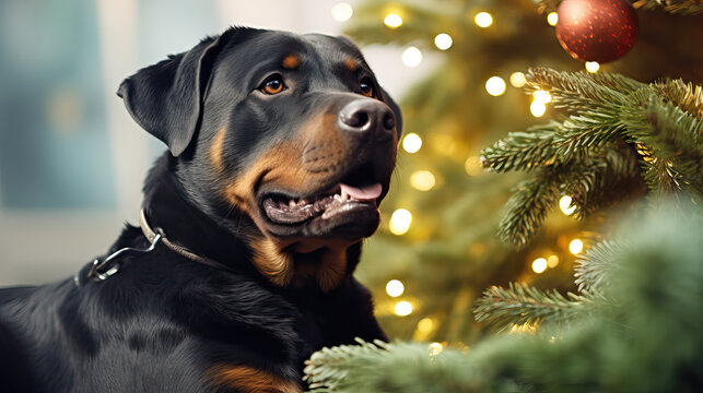 Rottweiler Dog near the Christmas Tree