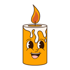 Groovy 70s Christmas sticker. Cartoon character in trendy retro style, comic mascot. Cute candle character