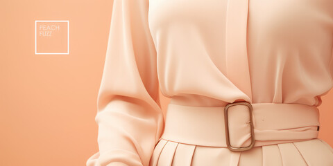 Minimal concept fashion clothing in peach fuzz color, trend of 2024 year. Close-up of a detail of stylish skirt. - obrazy, fototapety, plakaty