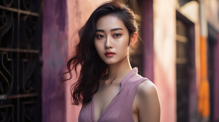 Naklejka premium Young Asian woman in a city scene