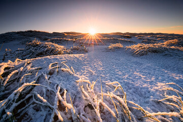 sunrise oer snowy dunes on sea coast - 691523569