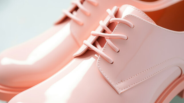 Minimal concept female accessory fashion in peach fuzz color, trend of 2024 year. Close-up of a detail of stylish leaver shoes.