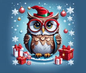 Template Christmas card funny owl in glasses on background of gifts and Christmas tree balls. Cartoon style greeting card.