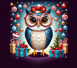Template Christmas card funny owl in glasses on background of gifts and Christmas tree balls. Cartoon style greeting card.