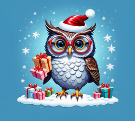Template Christmas card funny owl in glasses on background of gifts and Christmas tree balls. Cartoon style greeting card.