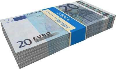 20 € euro bills stacked with band 100 x 20 - obrazy, fototapety, plakaty