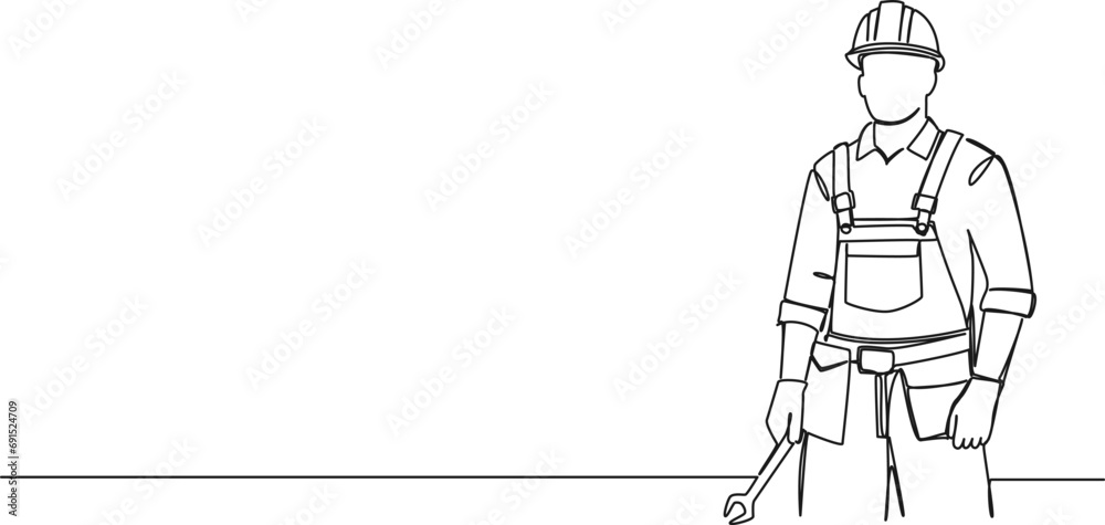 Wall mural continuous single line drawing of construction worker wearing hard hat and holding wrench, line art vector illustration